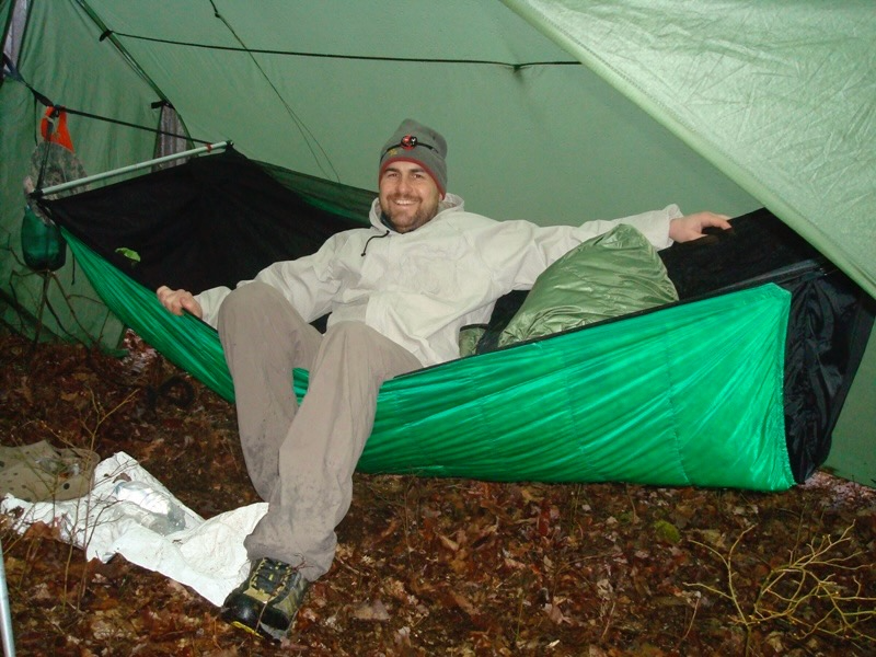 Jacks R Better owner Don 'DGrav' Gravatt field-testing a down hammock underquilt on a wet April Appalachian Trail section hike, Pennsylvania
