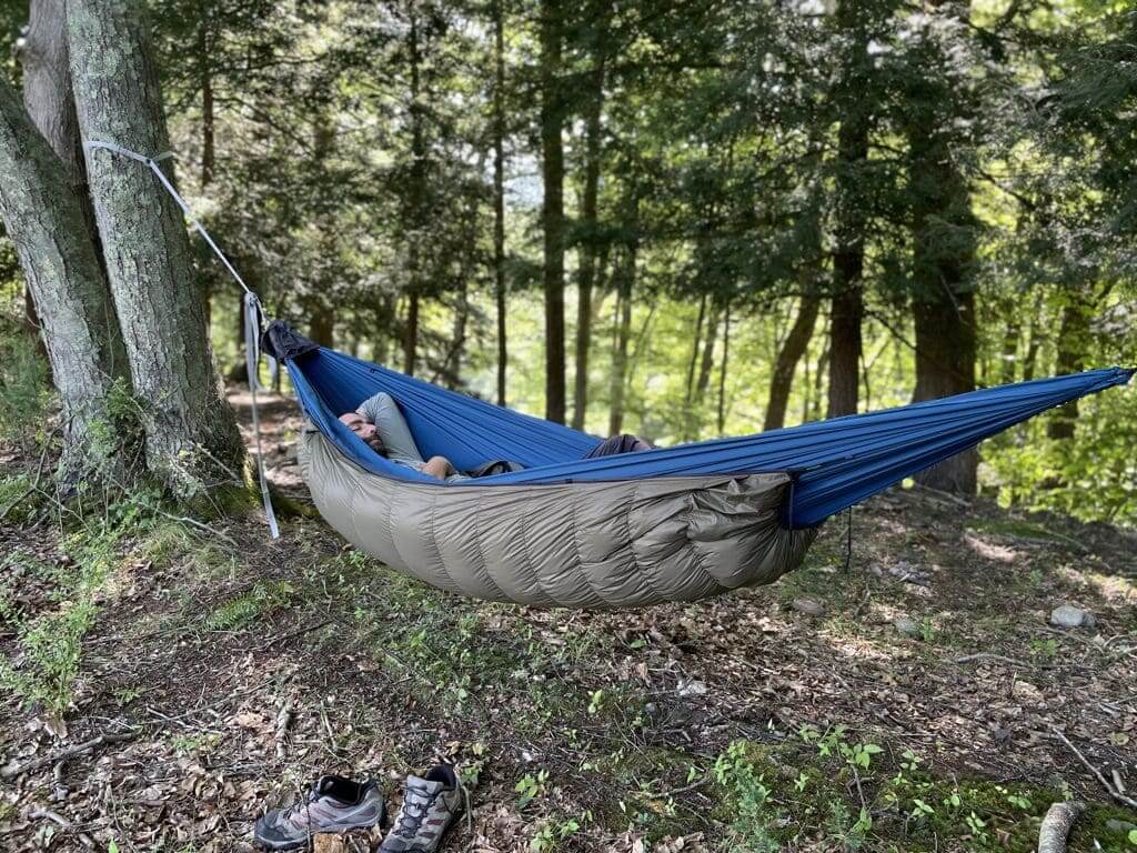 Jacks R Better Mt Washington 3 20°F down hammock underquilt hung beneath a camping hammock