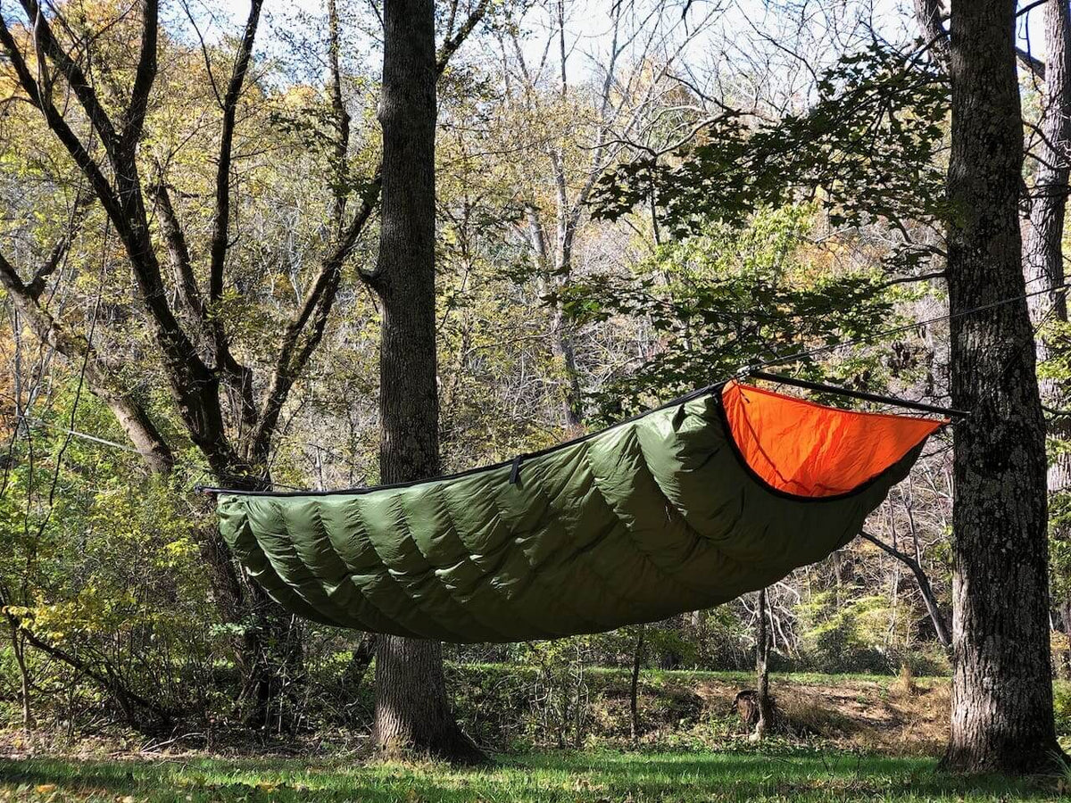 Jacks R Better Mt Washington 4 0°F winter down hammock underquilt in dark olive — the modular alternative to an insulated hammock