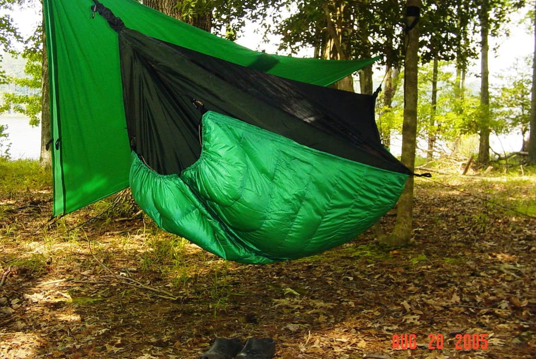 Jacks R Better Winter Nest 0°F down underquilt fitted to a bottom-entry Hennessy Hammock