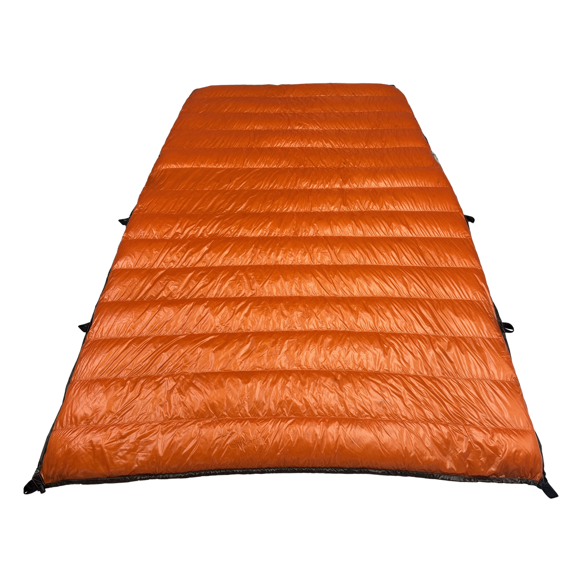 Big Meadows Ultralight 20° quilt open showing the full burnt orange interior and sew-through baffles filled with 1000 fill power down