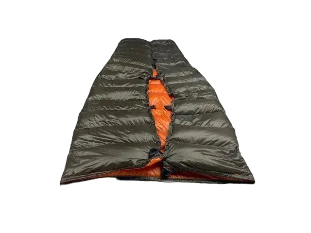 Overhead view of the Big Meadows Ultralight 40° backpacking quilt showing tapered shape and dark olive Argon 67 shell fab