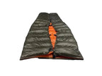 Overhead view of the Big Meadows Ultralight 40° backpacking quilt showing tapered shape and dark olive Argon 67 shell fab