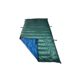 Jacks R Better Custom Ultralight Backpacking Quilt with a Forest Green shell and Moroccam Blue lining, shown on a white background
