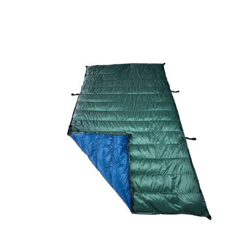 Jacks R Better Custom Ultralight Backpacking Quilt with a Forest Green shell and Moroccam Blue lining, shown on a white background
