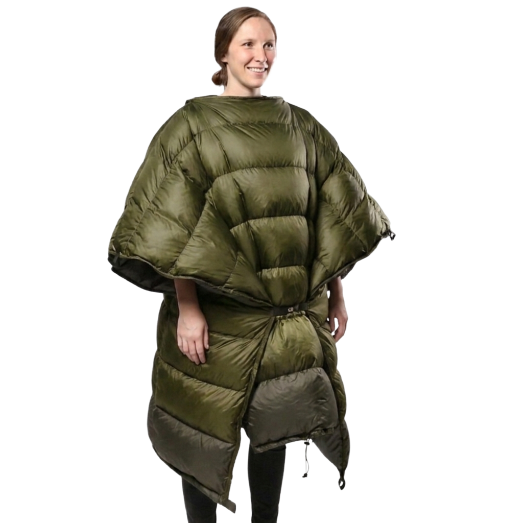 Woman wearing the Jacks R Better High Sierra Sniveller 0° wide down camping quilt as a wearable wrap, front view
