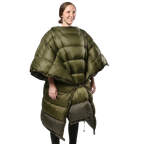 Woman wearing the Jacks R Better High Sierra Sniveller 0° wide down camping quilt as a wearable wrap, front view