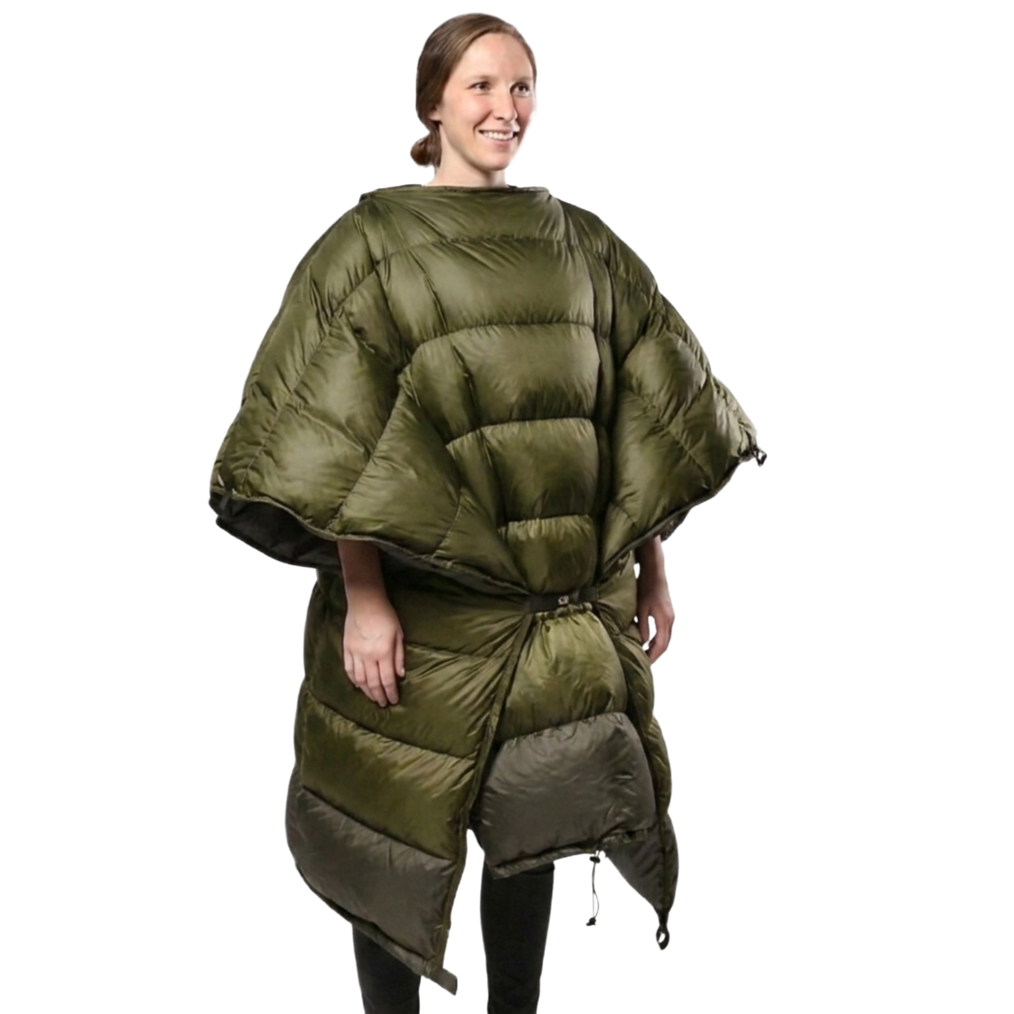 Woman wearing the Jacks R Better High Sierra Sniveller 0° wide down camping quilt as a wearable wrap, front view