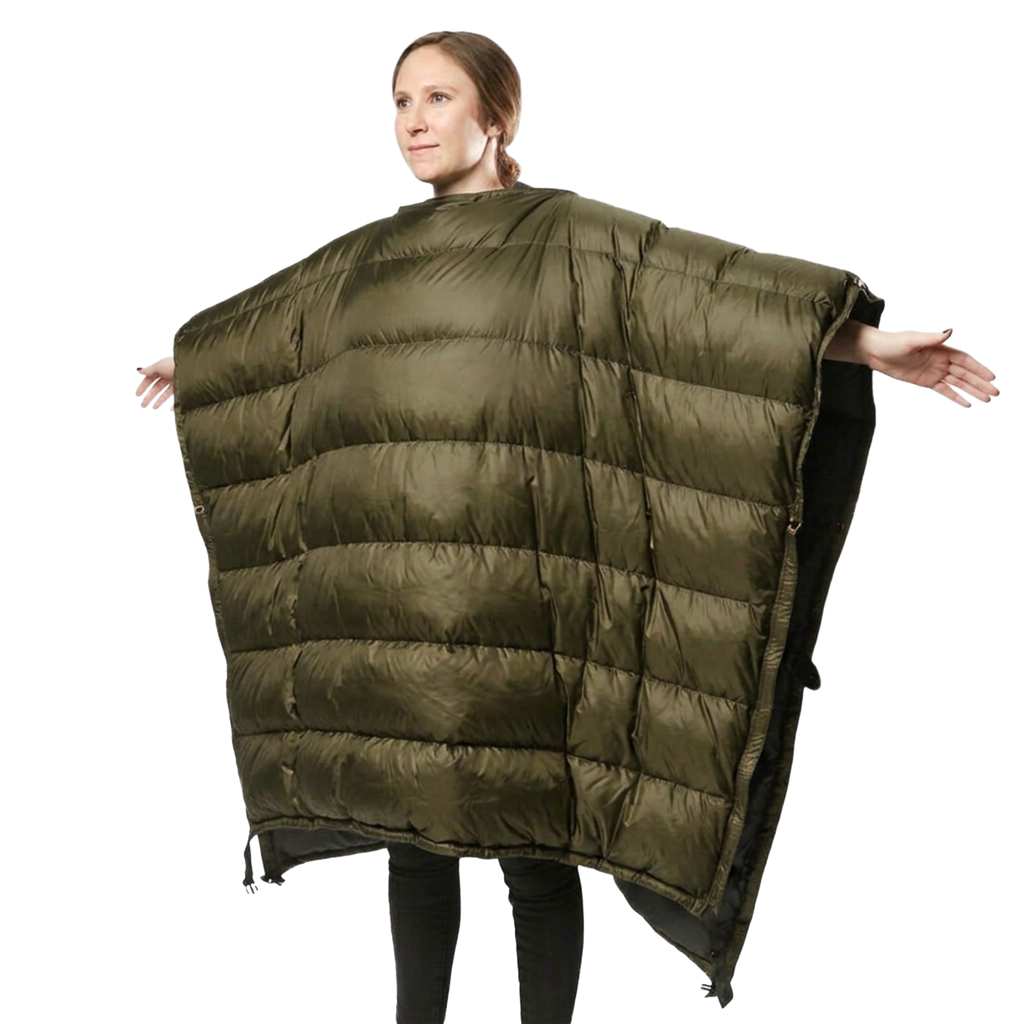 Woman wearing the Jacks R Better High Sierra Sniveller 0° wide down quilt as a wearable wrap with arm extended