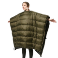 Woman wearing the Jacks R Better High Sierra Sniveller 0° wide down quilt as a wearable wrap with arm extended