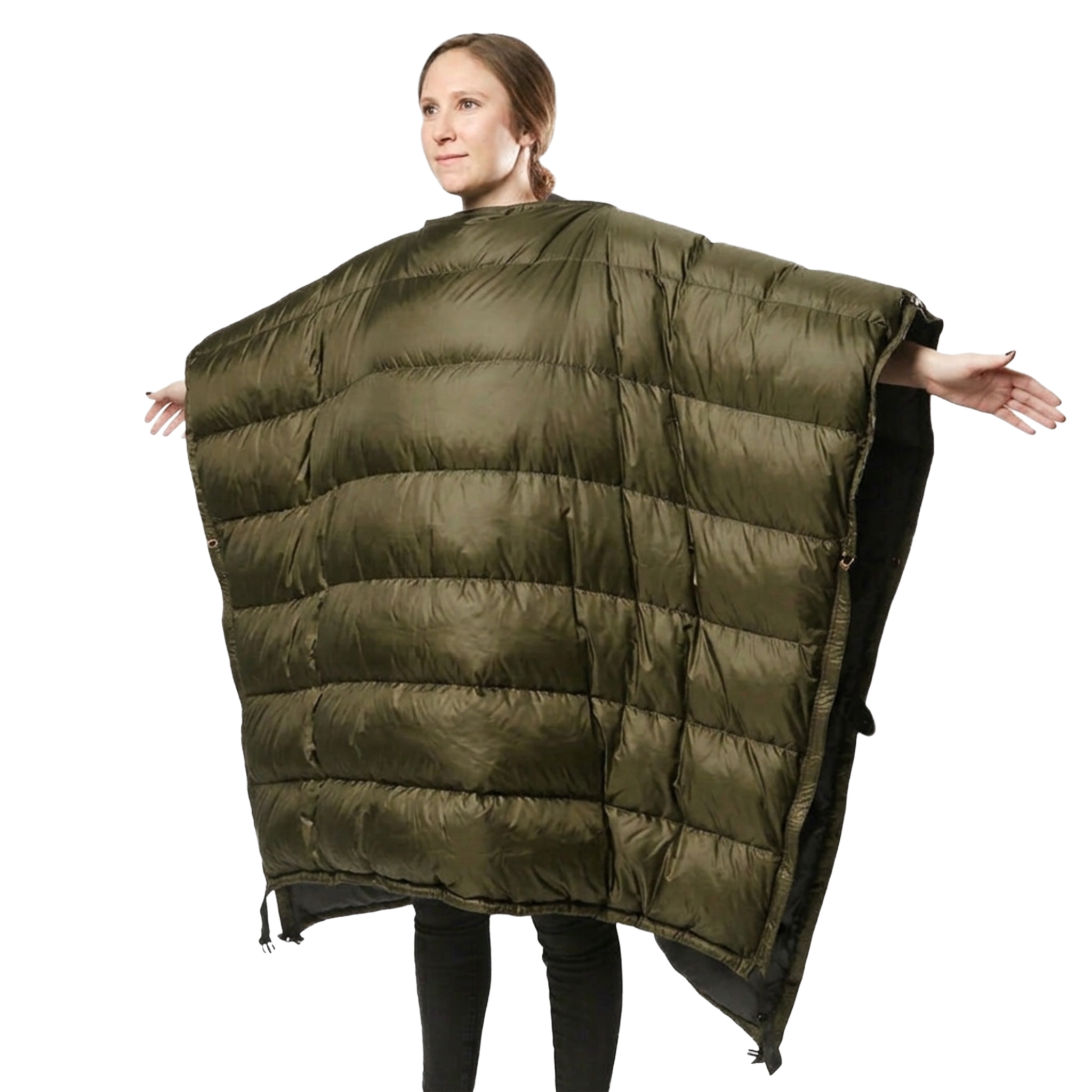 Woman wearing the Jacks R Better High Sierra Sniveller 0° wide down quilt as a wearable wrap with arm extended