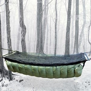 Jacks R Better Bear Mountain Bridge Hammock rigged with a hammock underquilt