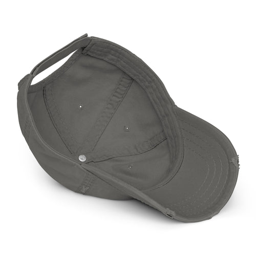 Close-up of the Jacks R Better distressed retro logo embroidery on the charcoal grey dad hat