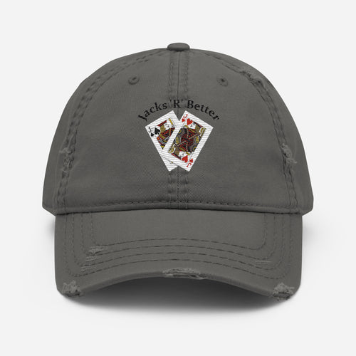 Jacks R Better distressed retro logo dad hat in charcoal grey, front view