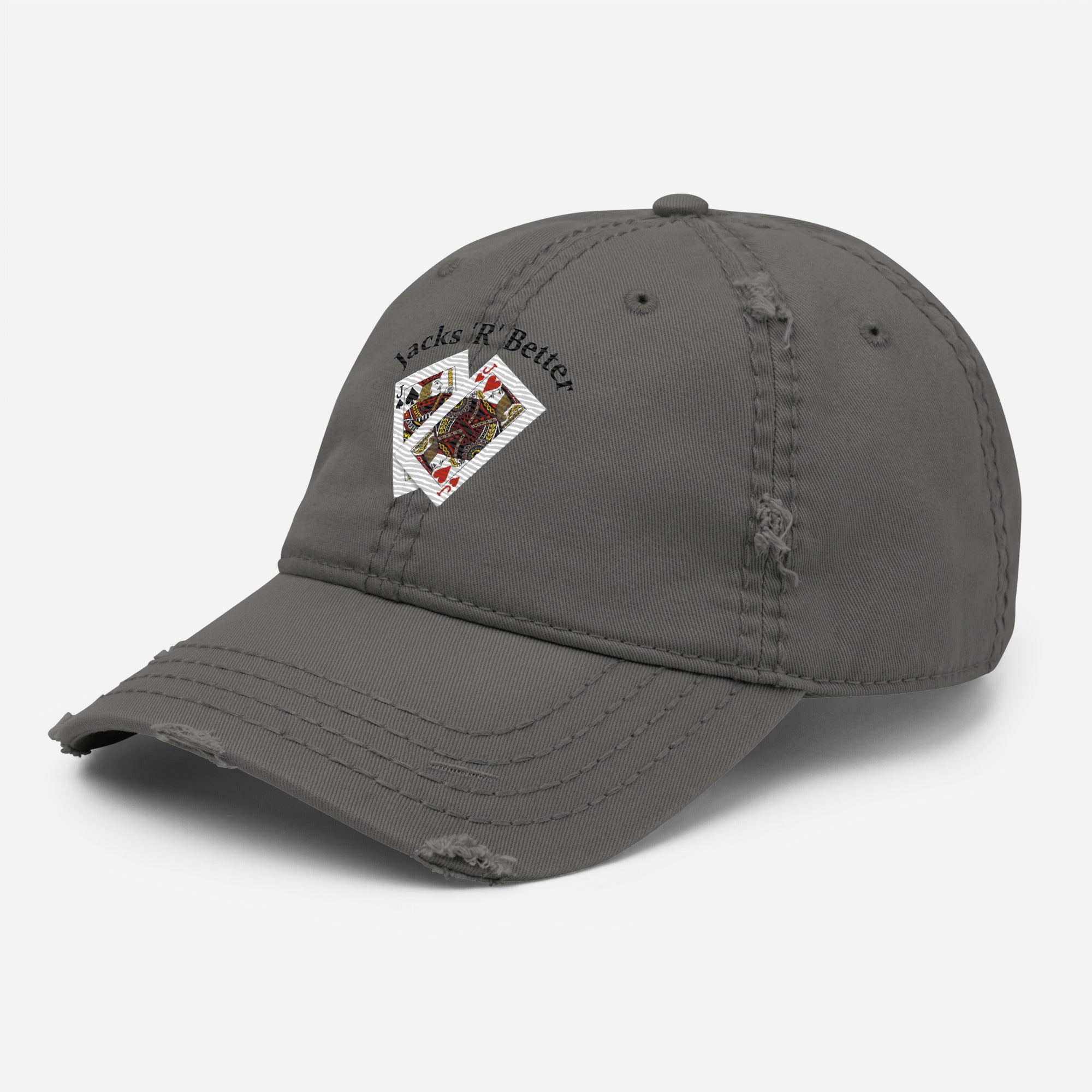 Jacks R Better distressed retro logo dad hat in charcoal grey, left front view