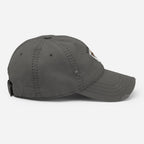 Jacks R Better distressed retro logo dad hat in charcoal grey, right side view