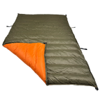 Jacks R Better Hudson River 20 degree camping quilt laid flat showing olive green exterior and orange interior lining with attachment loops