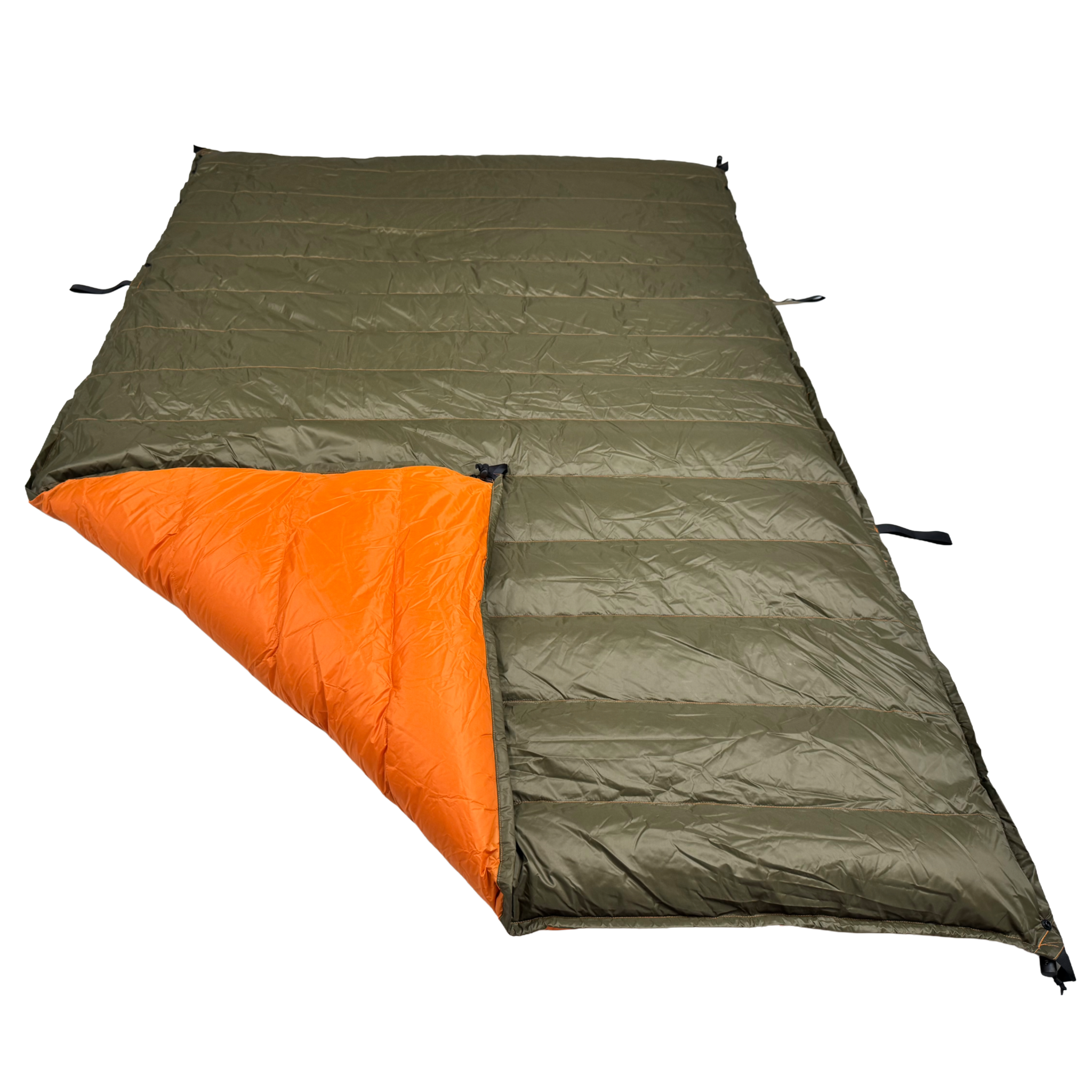 Jacks R Better Hudson River 20 degree camping quilt laid flat showing olive green exterior and orange interior lining with attachment loops