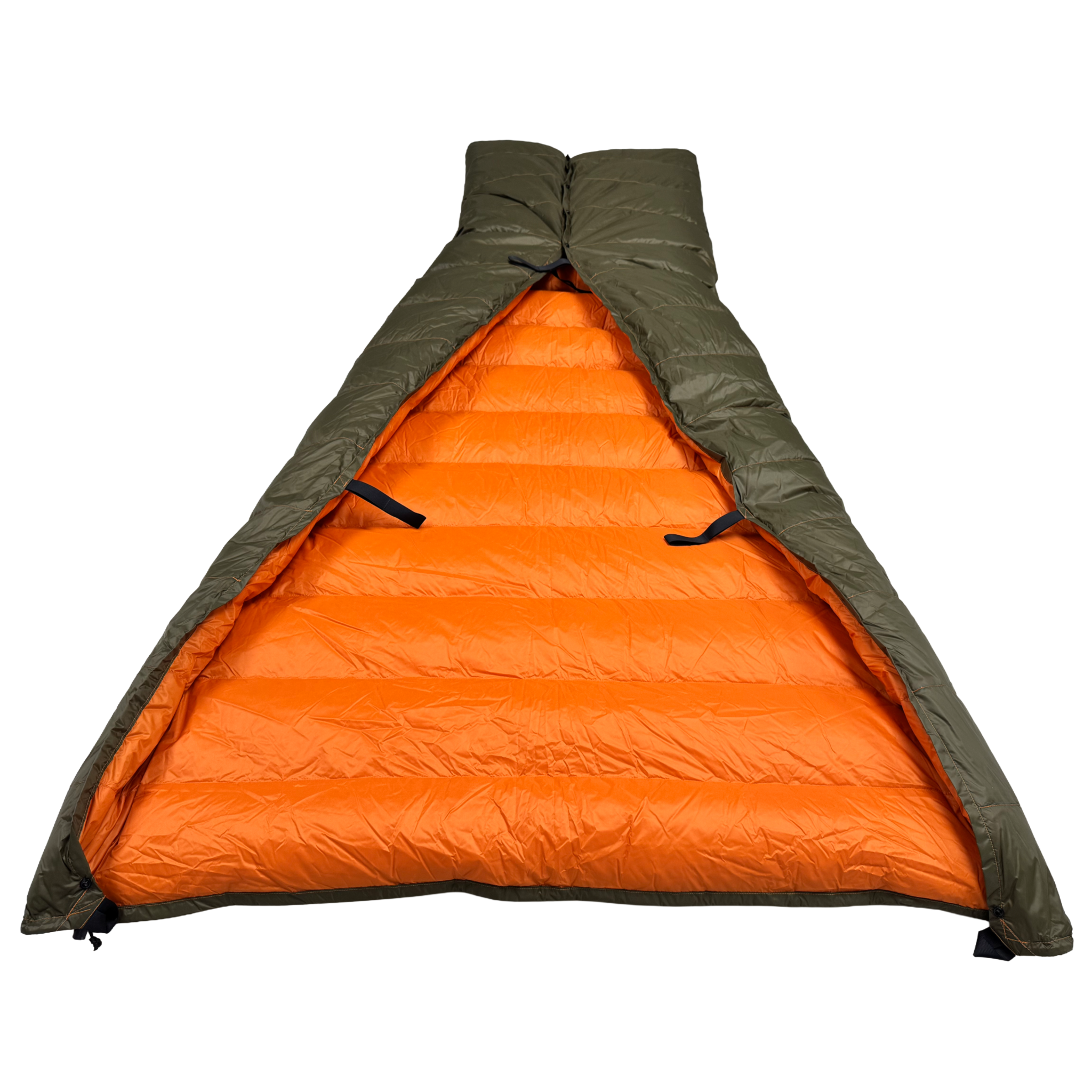 Jacks R Better Hudson River 20 degree camping quilt with the footbox formed, revealing the full orange interior lining and attachment loops for hammock underquilt or sleeping bag use