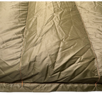 Close-up detail of Jacks R Better Hudson River 20 degree camping quilt showing olive taffeta shell fabric and baffle construction
