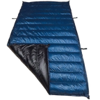 Jacks R Better Hudson River Ultralight 20 degree backpacking quilt laid flat with corner folded back showing Moroccan Blue Argon 67 shell and black Argon 67 interior lining with attachment loops