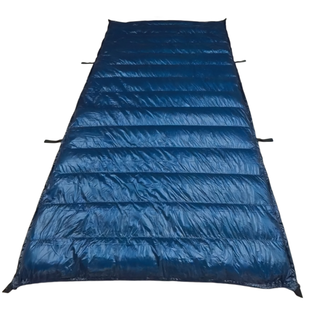 Jacks R Better Hudson River Ultralight 20 degree backpacking quilt laid flat showing Moroccan Blue Argon 67 ripstop shell and attachment loops