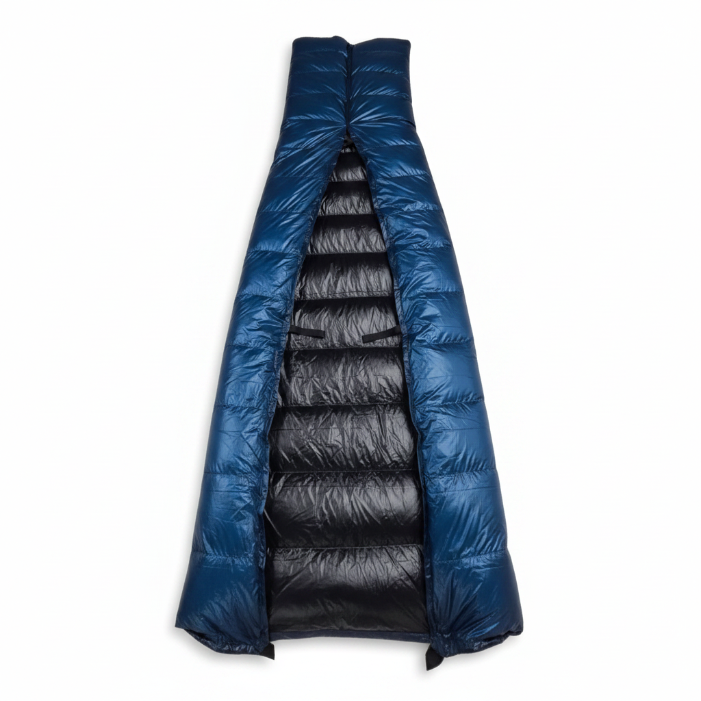 Jacks R Better Hudson River Ultralight 20 degree backpacking quilt opened to reveal the black Argon 67 interior lining and Moroccan Blue shell with attachment loops