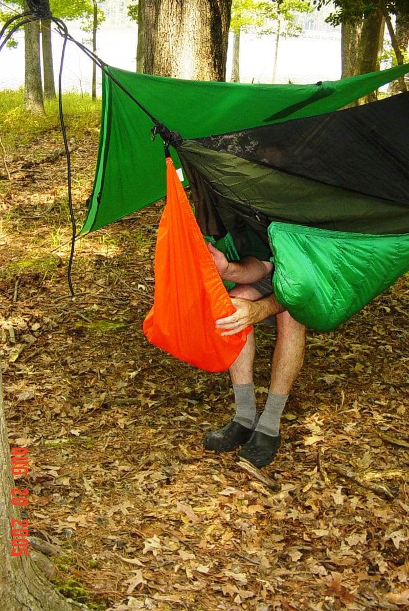 Jacks R Better Jeff's Gear Hammock and pack cover hung under a hammock
