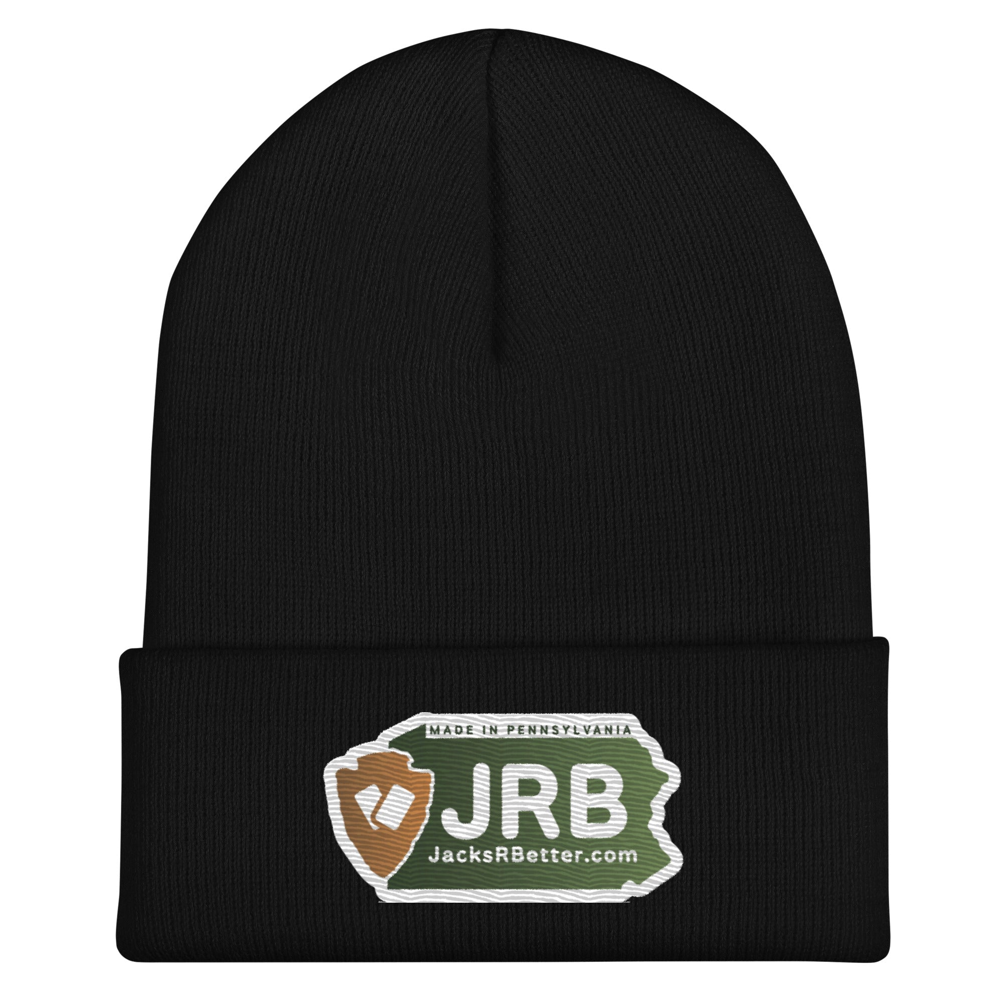 Jacks R Better logo cuffed beanie in black, front view