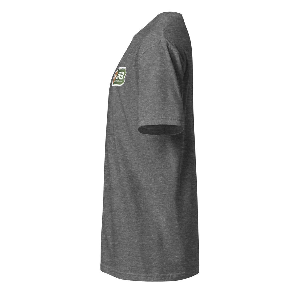 Jacks R Better logo t-shirt in graphite heather, left side view