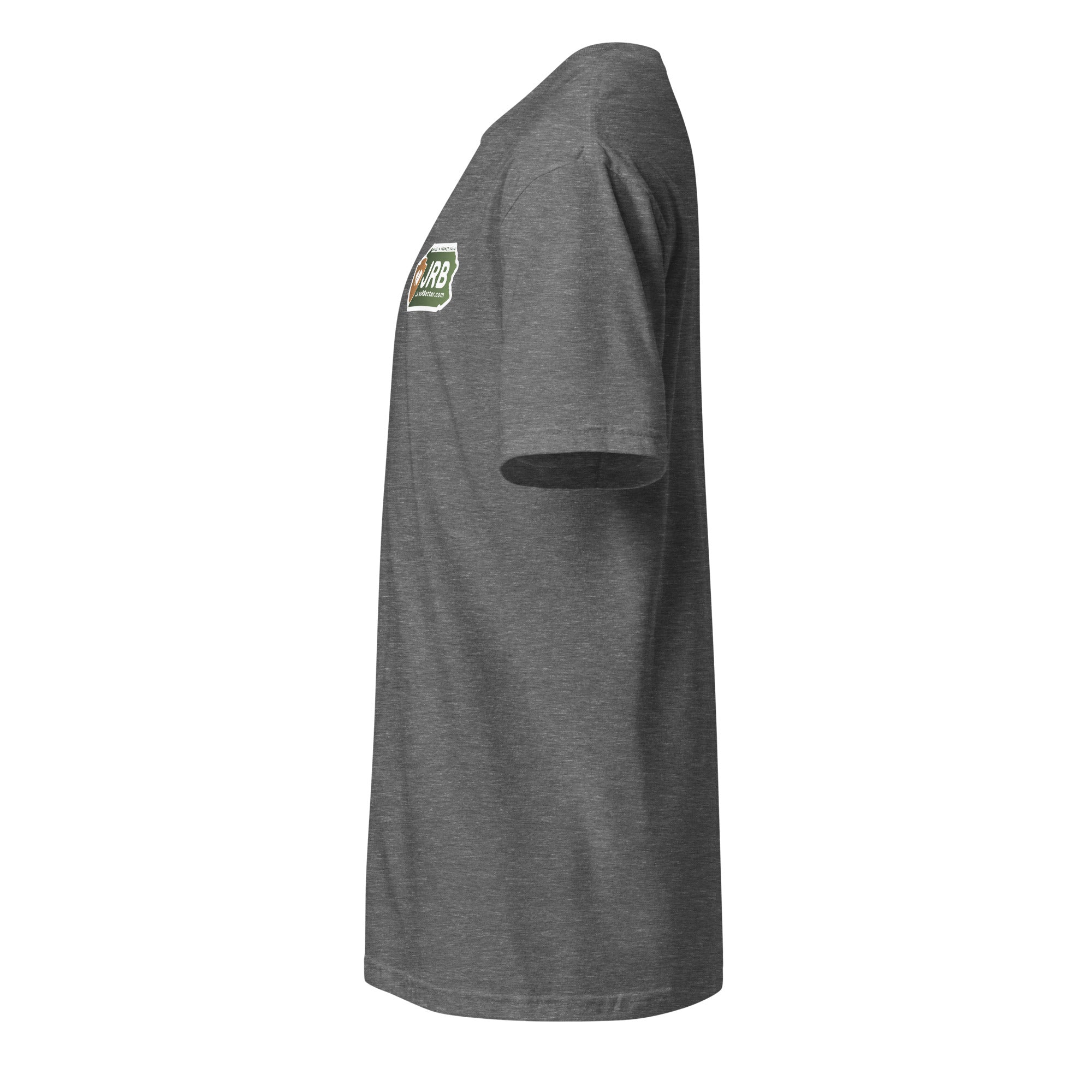 Jacks R Better logo t-shirt in graphite heather, left side view