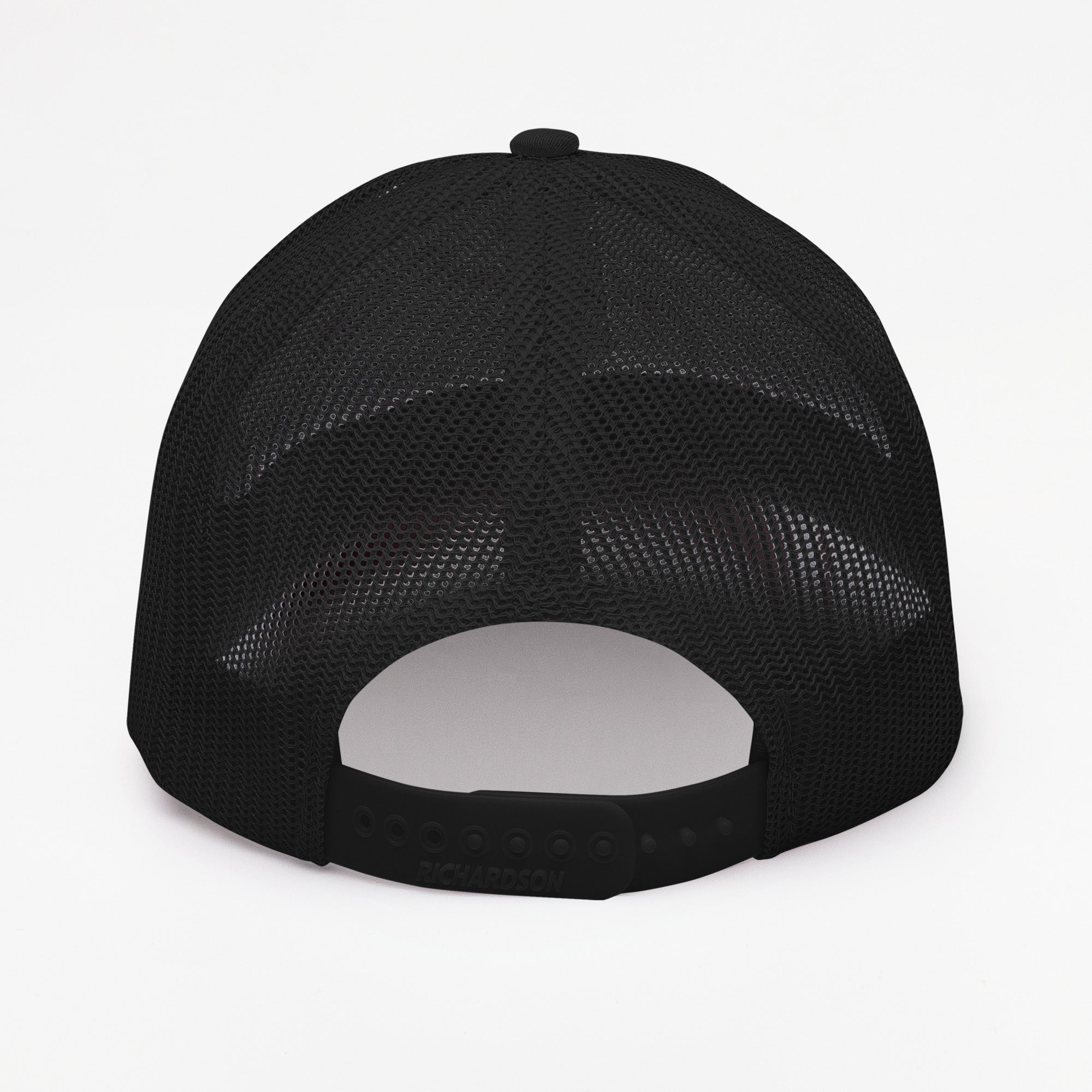 Jacks R Better logo snapback trucker cap in black, back view