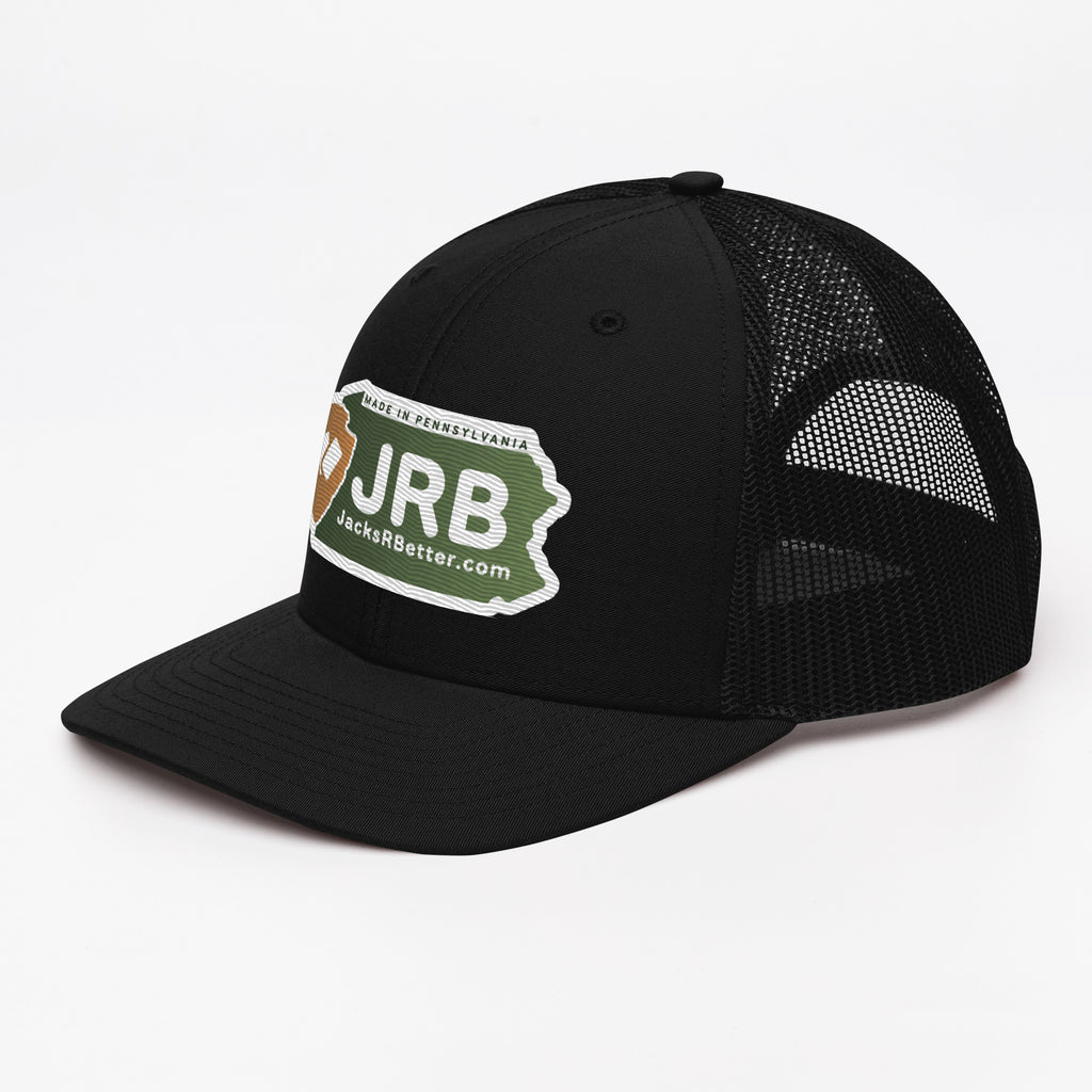 Jacks R Better logo snapback trucker cap in black, left front view