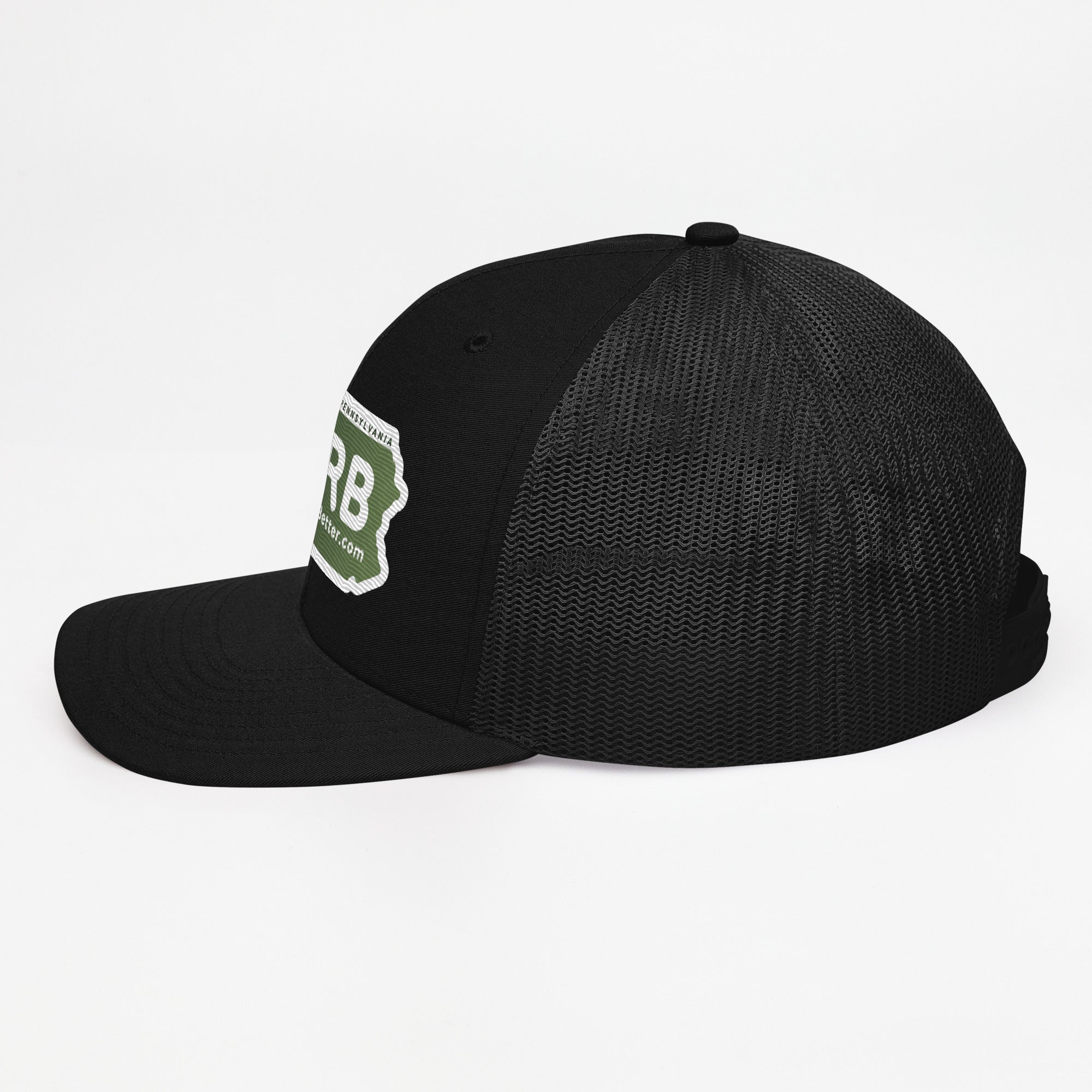 Jacks R Better logo snapback trucker cap in black, left side view