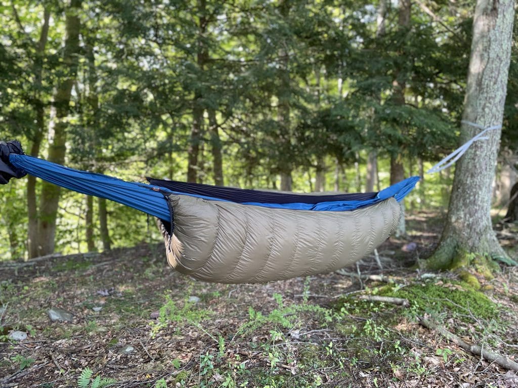 Close-up of the Jacks R Better Mt Washington 3 hammock underquilt shell fabric and baffles