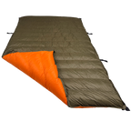 Jacks R Better Old Rag Mountain 0 degree camping quilt laid flat showing olive green exterior and orange interior lining with attachment loops