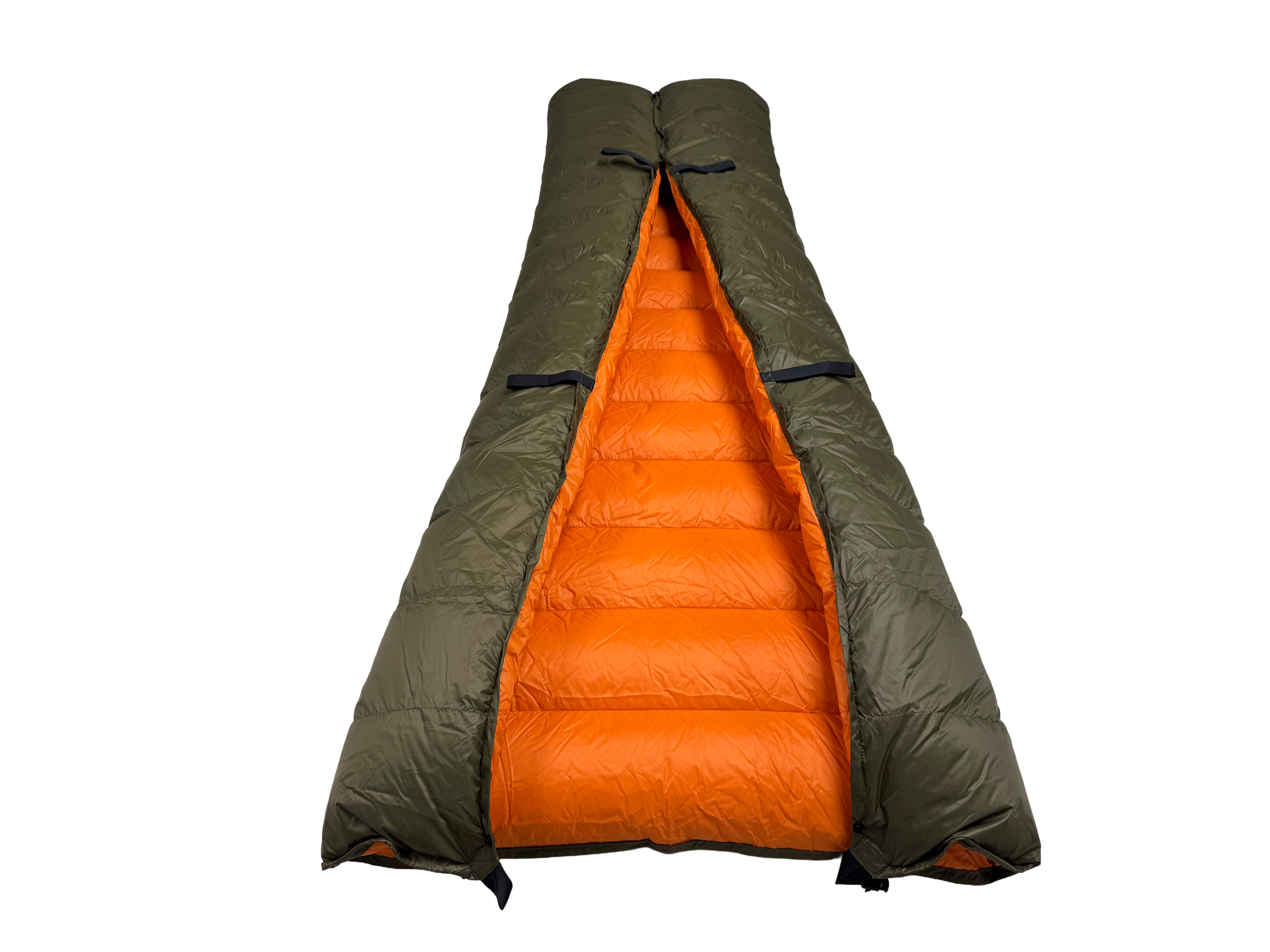 Jacks R Better Old Rag Mountain 0 degree camping quilt with the footbox formed, revealing the full orange interior lining and attachment loops for hammock underquilt or sleeping bag use