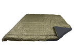 Jacks R Better Overland 20°F overlanding and RV camping quilt laid flat, dark olive shell with the corner turned back to show the black lining