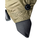 Close-up detail of Jacks R Better Shenandoah 40 degree camping quilt showing corner attachment snap and draft collar for hammock underquilt rigging