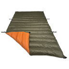 Jacks R Better Shenandoah 40 degree camping quilt laid flat showing olive green exterior and orange interior lining with attachment loops
