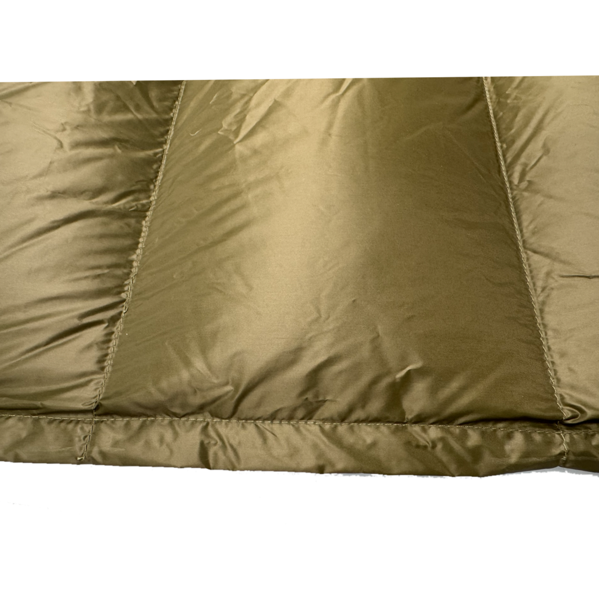 Close-up detail of Jacks R Better Shenandoah 40 degree camping quilt showing olive taffeta shell fabric and baffle construction