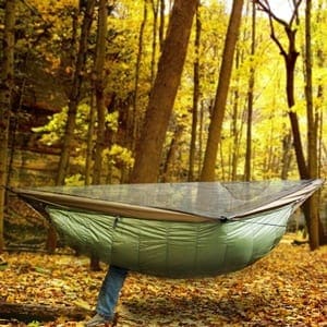 Jacks R Better The Nest 20°F underquilt fitted to a Hennessy Hammock