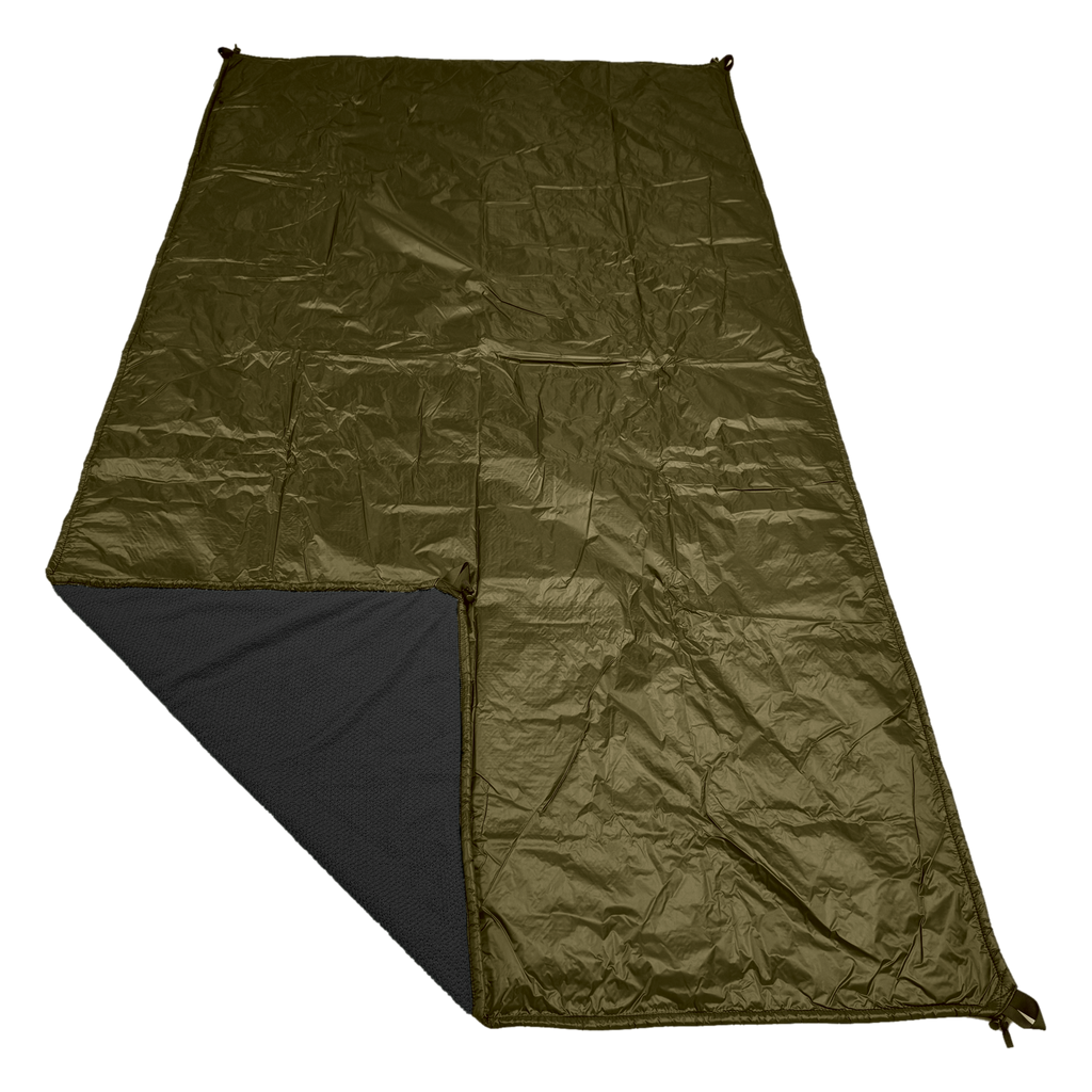 Jacks R Better Wind Gap Alpha wind liner, dark olive Ion 1.1 windproof shell with the corner folded back showing the black Alpha Trail 90 insulation