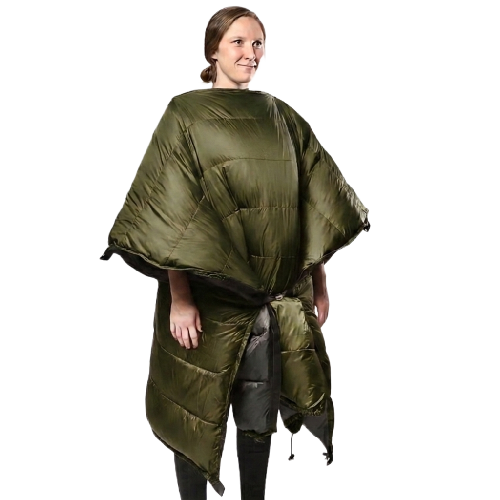 Woman wearing the Jacks R Better Sierra Sniveller 20° wide down camping quilt as a wearable wrap, front view