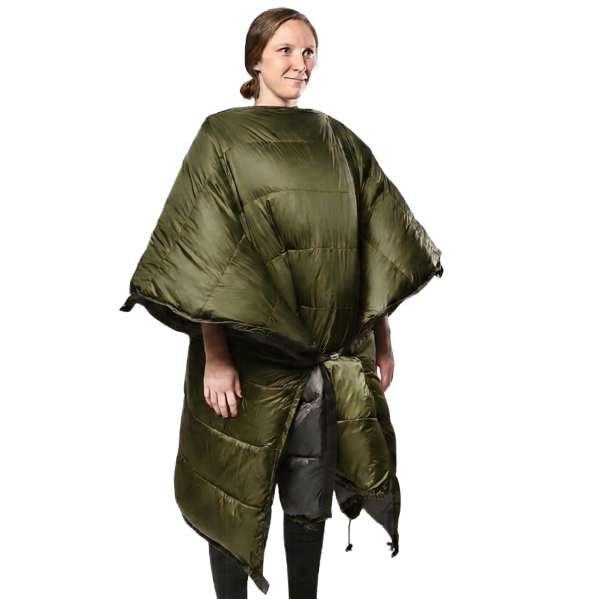 Woman wearing the Jacks R Better Sierra Sniveller 20° wide down camping quilt as a wearable wrap, front view