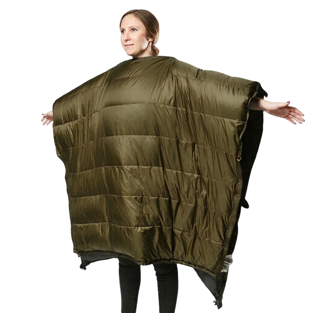 Sierra Sniveller 20° wearable down quilt with arms extended, showing its wide wrap-around coverage