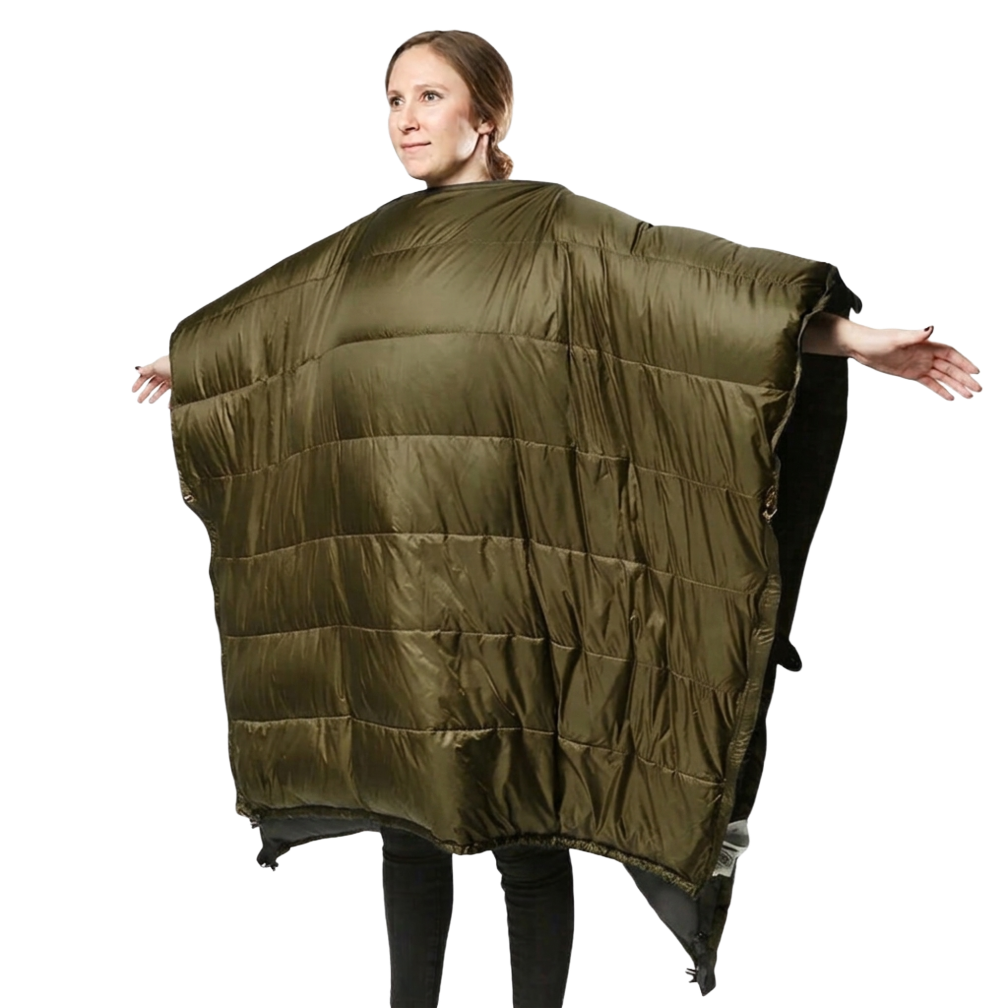 Sierra Sniveller 20° wearable down quilt with arms extended, showing its wide wrap-around coverage