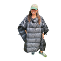 Woman wearing the Jacks R Better Sierra Stealth 40° wide wearable down quilt as a wrap, front view