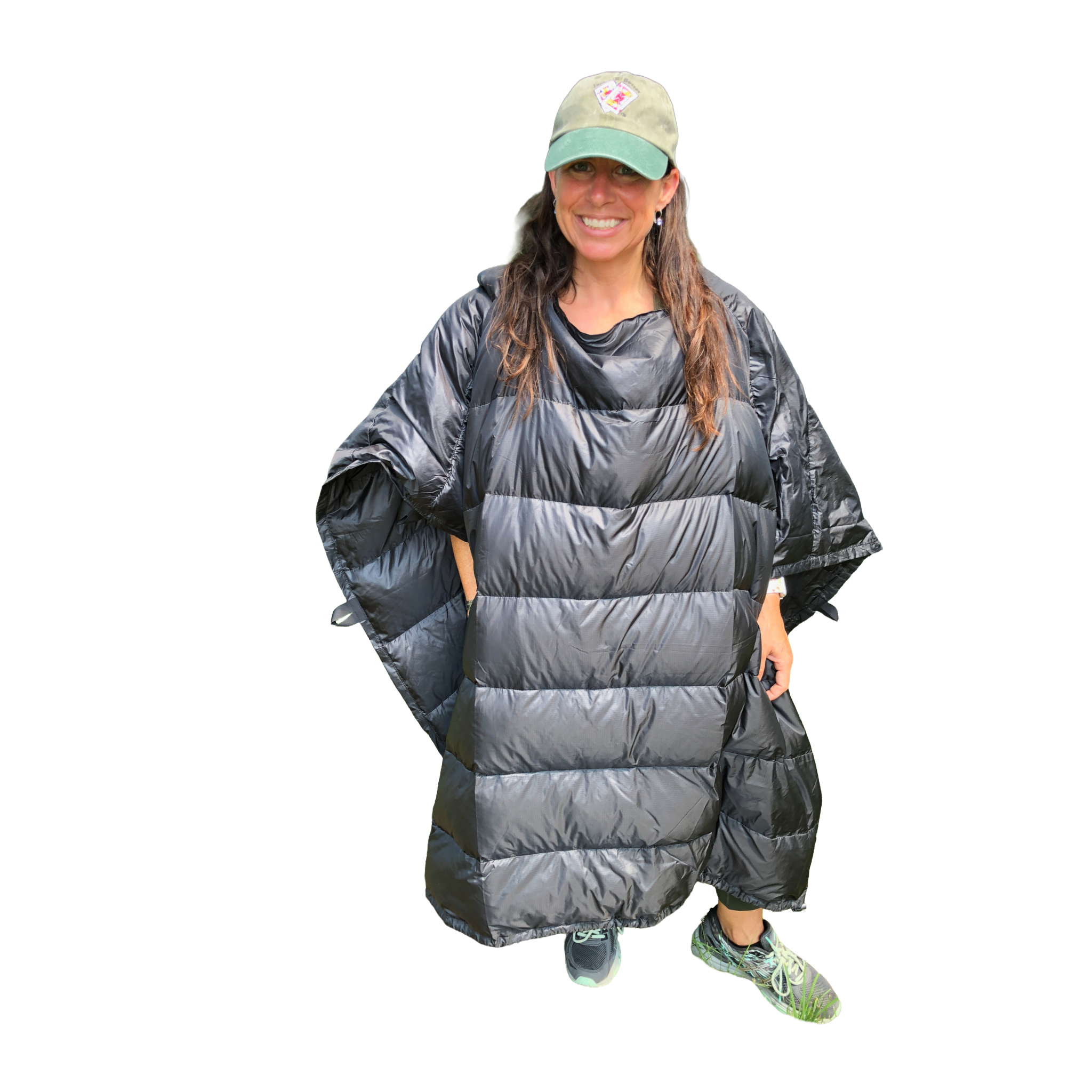Woman wearing the Jacks R Better Sierra Stealth 40° wide wearable down quilt as a wrap, front view