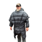 Man wearing the Sierra Stealth 40° wide wearable down quilt as a wrap, front view
